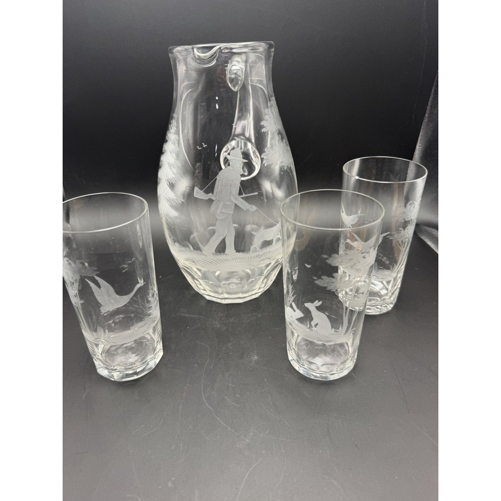 Etched Glass Hunting Scene Pitcher and 3 Highball Glasses Set 4pc